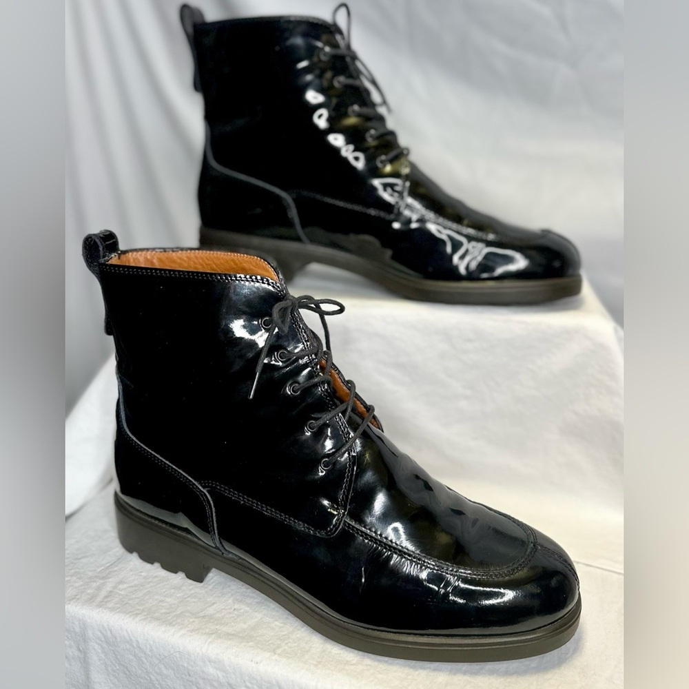 Salvatore Ferragamo Black Patent Lace-Up Combat Boots